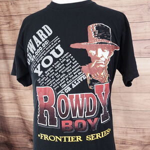 VINTAGE ROWDY BOY FRONTIER SERIES WANTED WESTERN SINGLE STITCH USA TSHIRT XL 90s